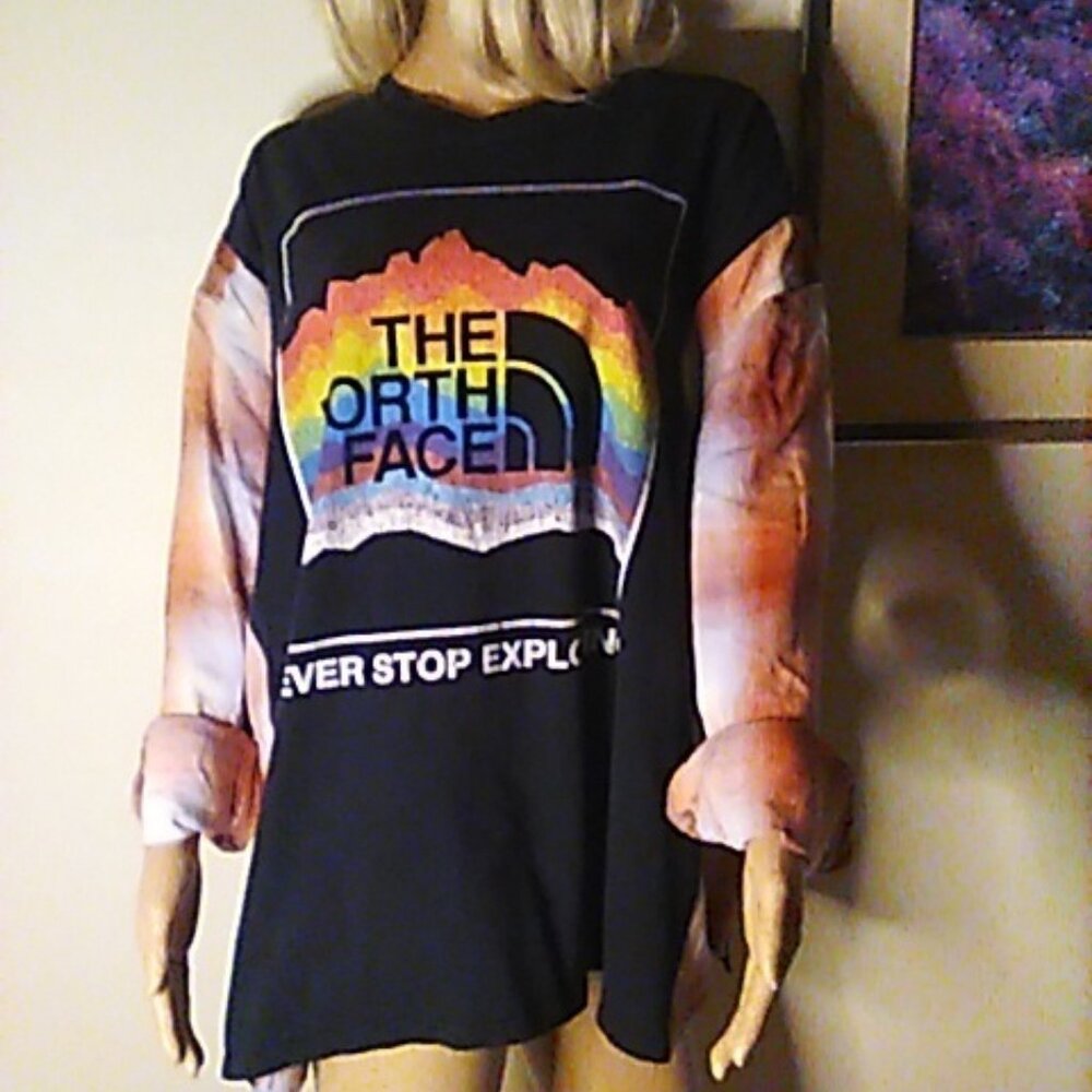 The North Face Tee With Soft Flannel Sleeves Pull Over Upcycled One of a Kind